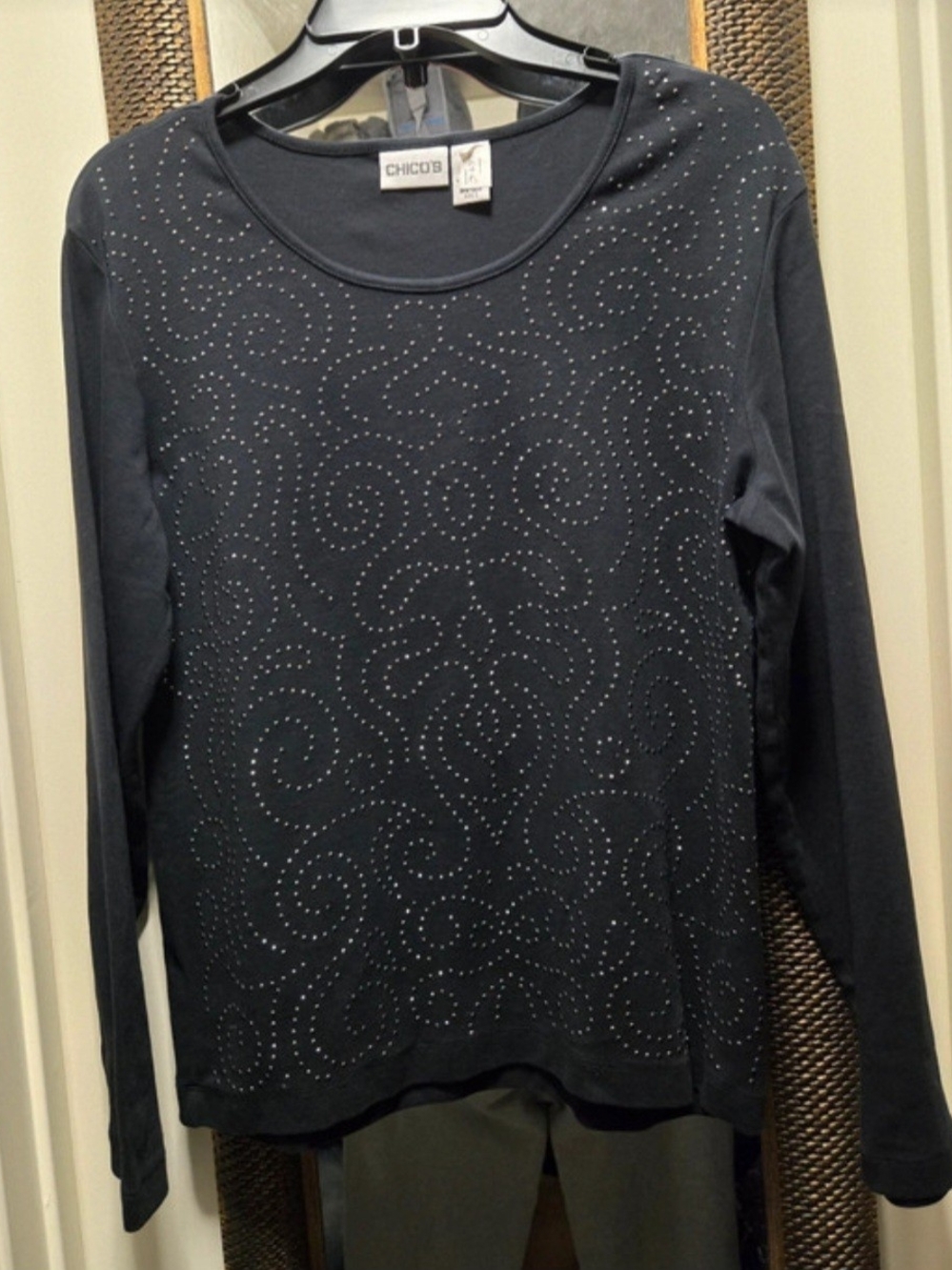 Chico's Black Long Sleeve Top with Swirl Stud Accents